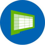 Green spreadsheet icon on blue background.