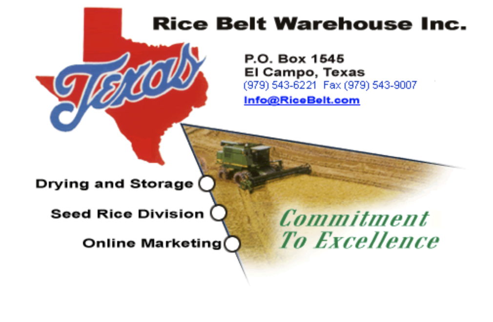 Rice Belt Warehouse ad with Texas outline and services.