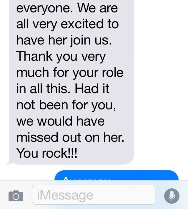 Appreciative text message expressing gratitude and excitement.