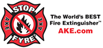 STOP-FYRE fire extinguisher logo with AKE.com text.