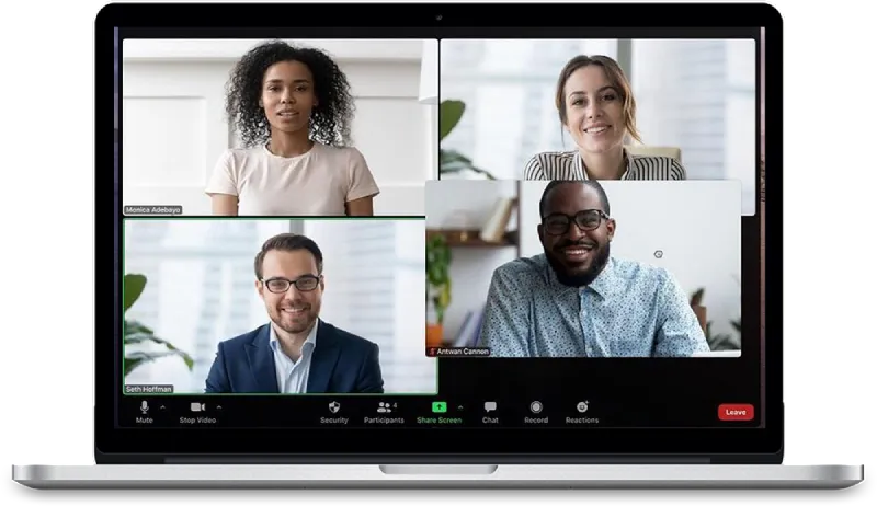 Virtual team meeting on computer screen.