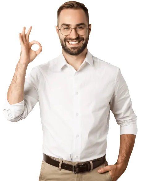 Man giving OK sign, smiling, white shirt, transparent background.
