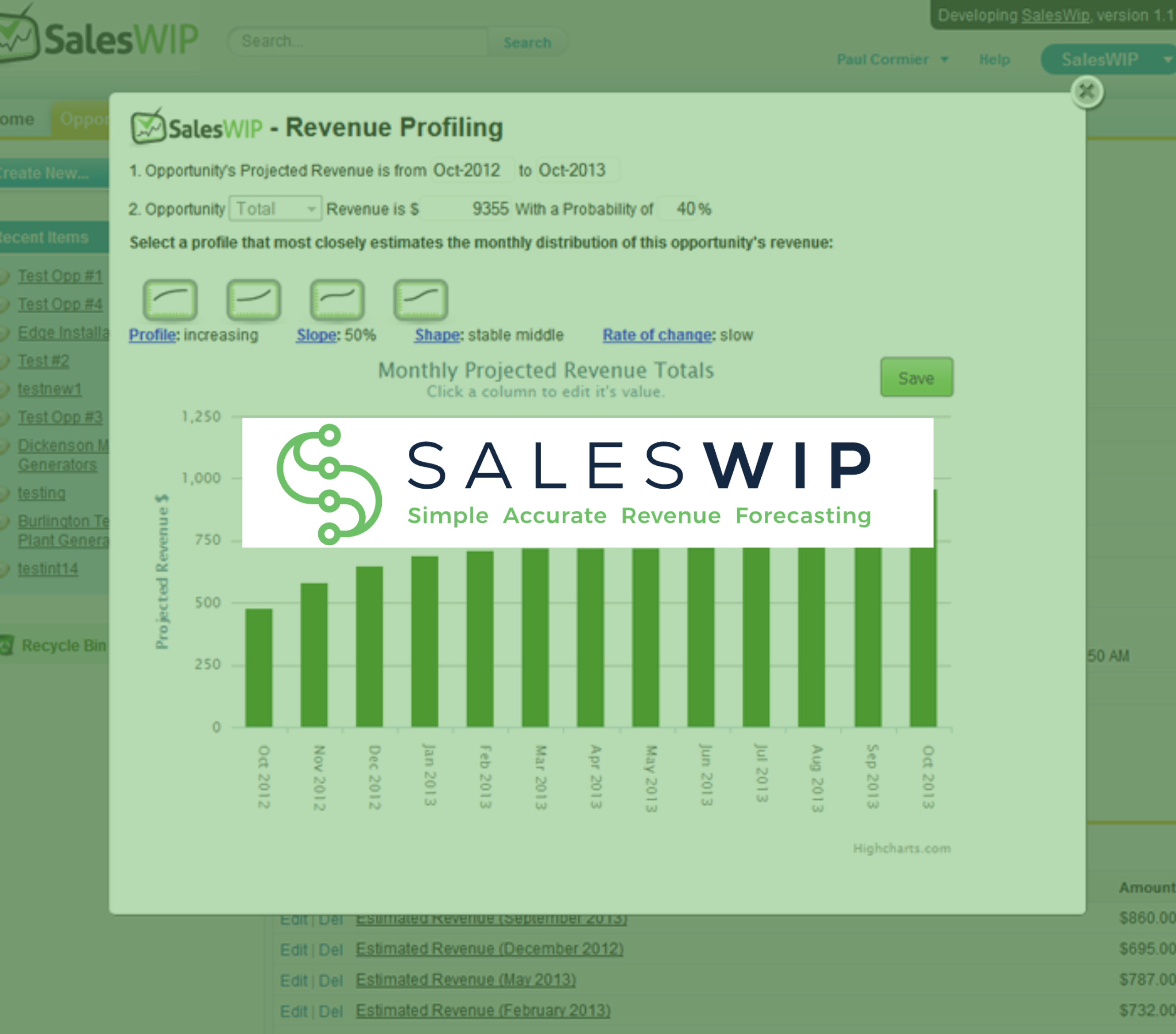 SalesWIP revenue profiling dashboard with projected totals.