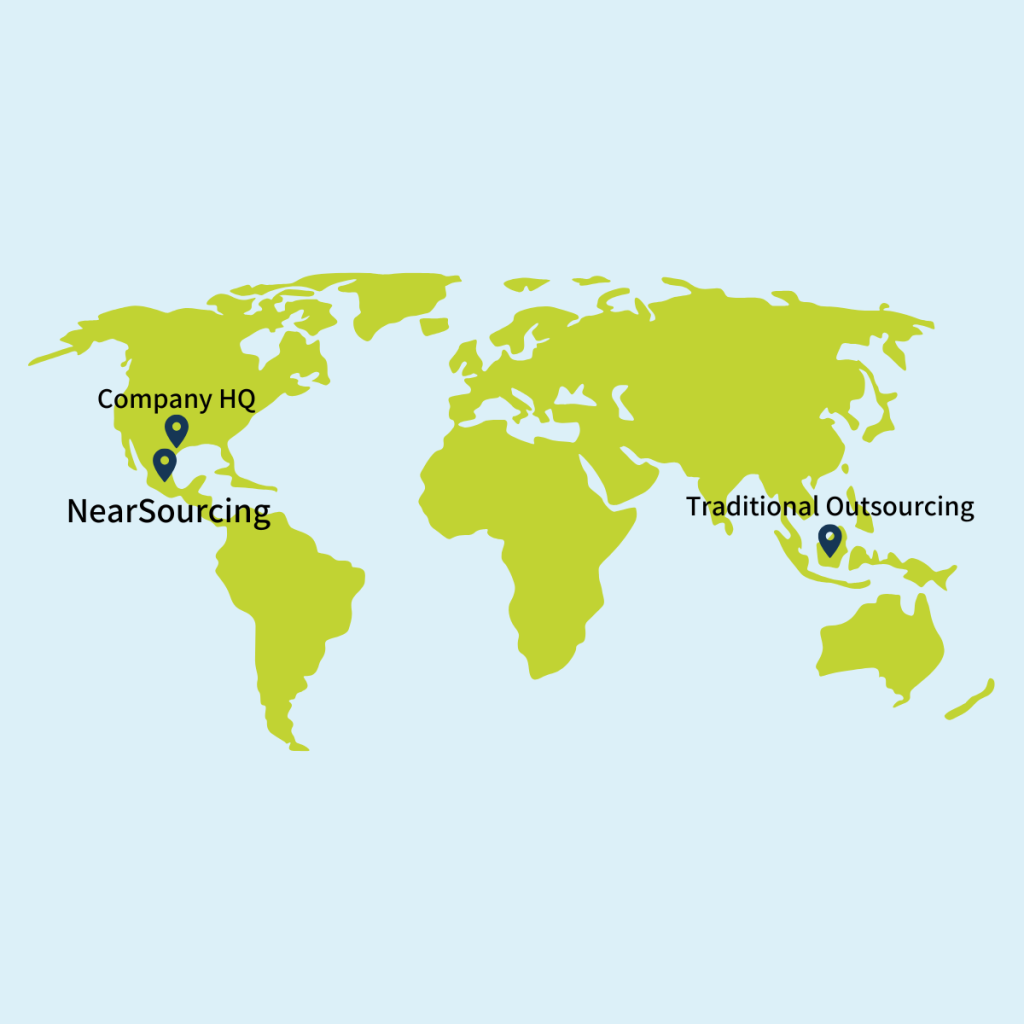 NearSourcing vs Traditional Outsourcing locations map.