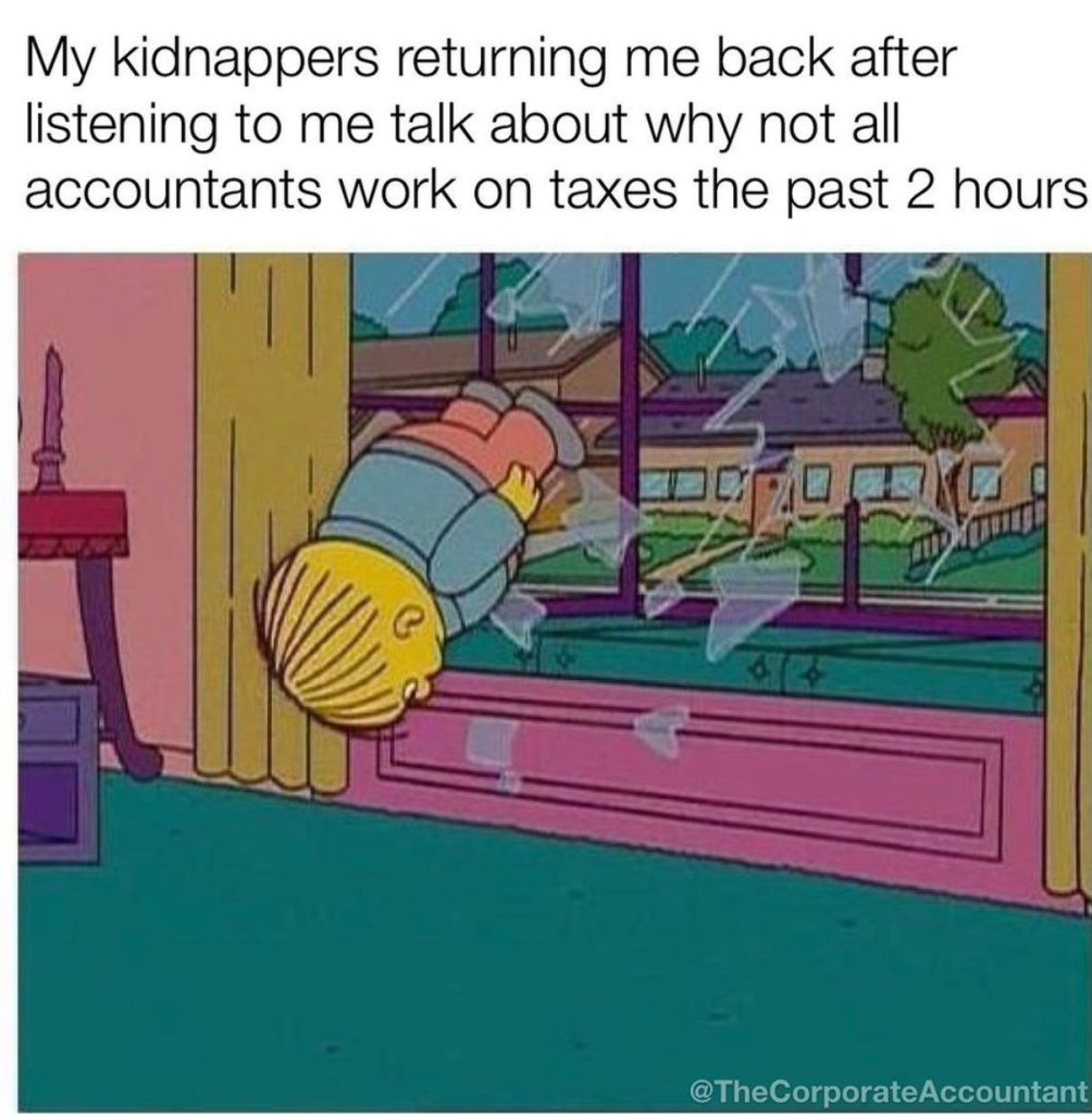 Cartoon character flying through window, humorous accountant meme.