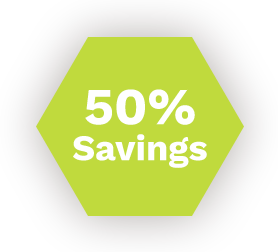 Hexagon badge showing 50% savings offer