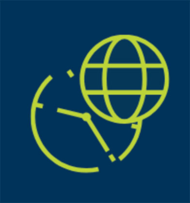 Global network and clock icon on blue background.