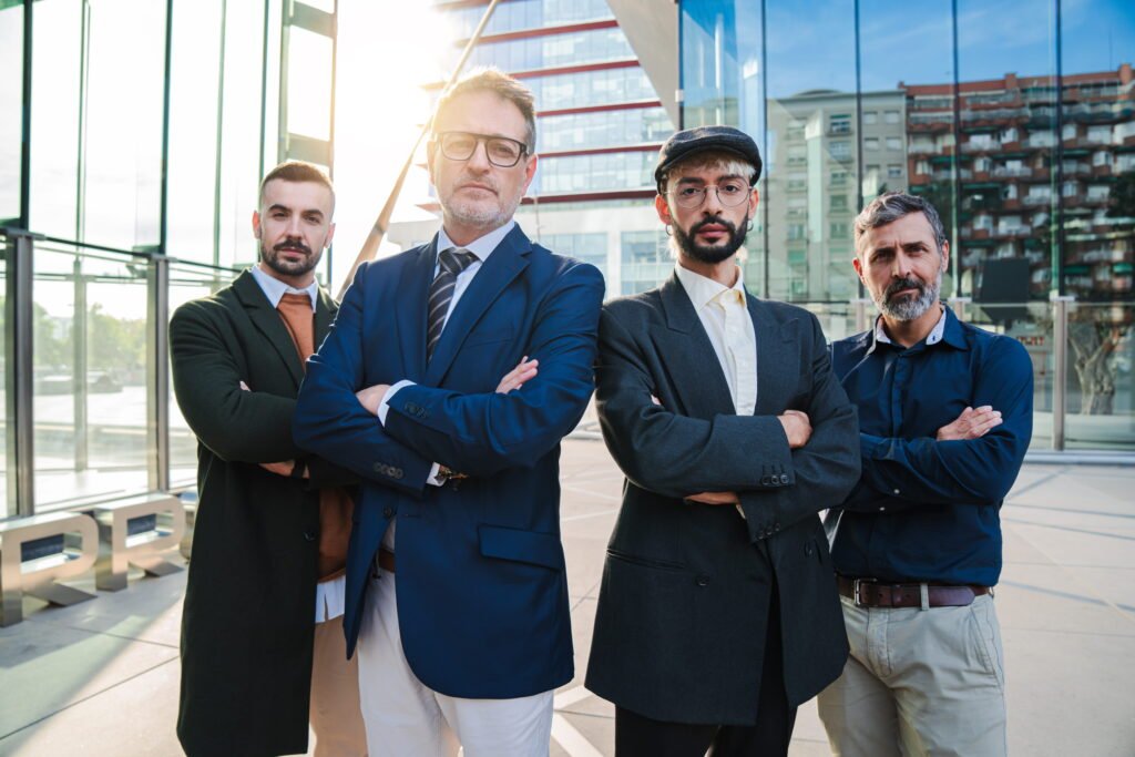 Four business professionals standing confidently outdoors.
