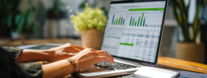 Virtual bookkeeper reviewing company financial records remotely